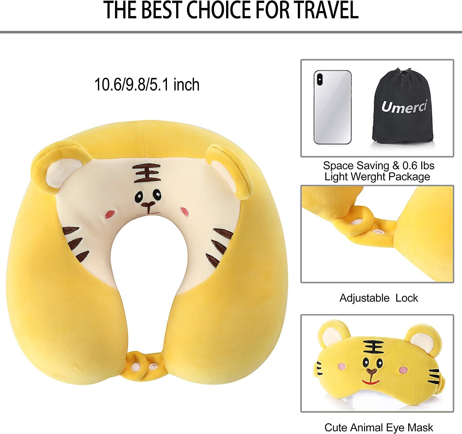 Memory Foam Animal Travel Pillow, Comfortable Neck Pillow with Cute Eye Mask Lightweight Traveling Pillow for Airplane, Car, Train, Bus and Home Use (Tiger)