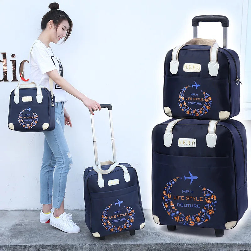 2PCS/SET Wheeled Bag Travel Women Travel Handbag Wheels Trolley Bags Large Capacity Boarding Bag Travel Luggage Suitcase Bag